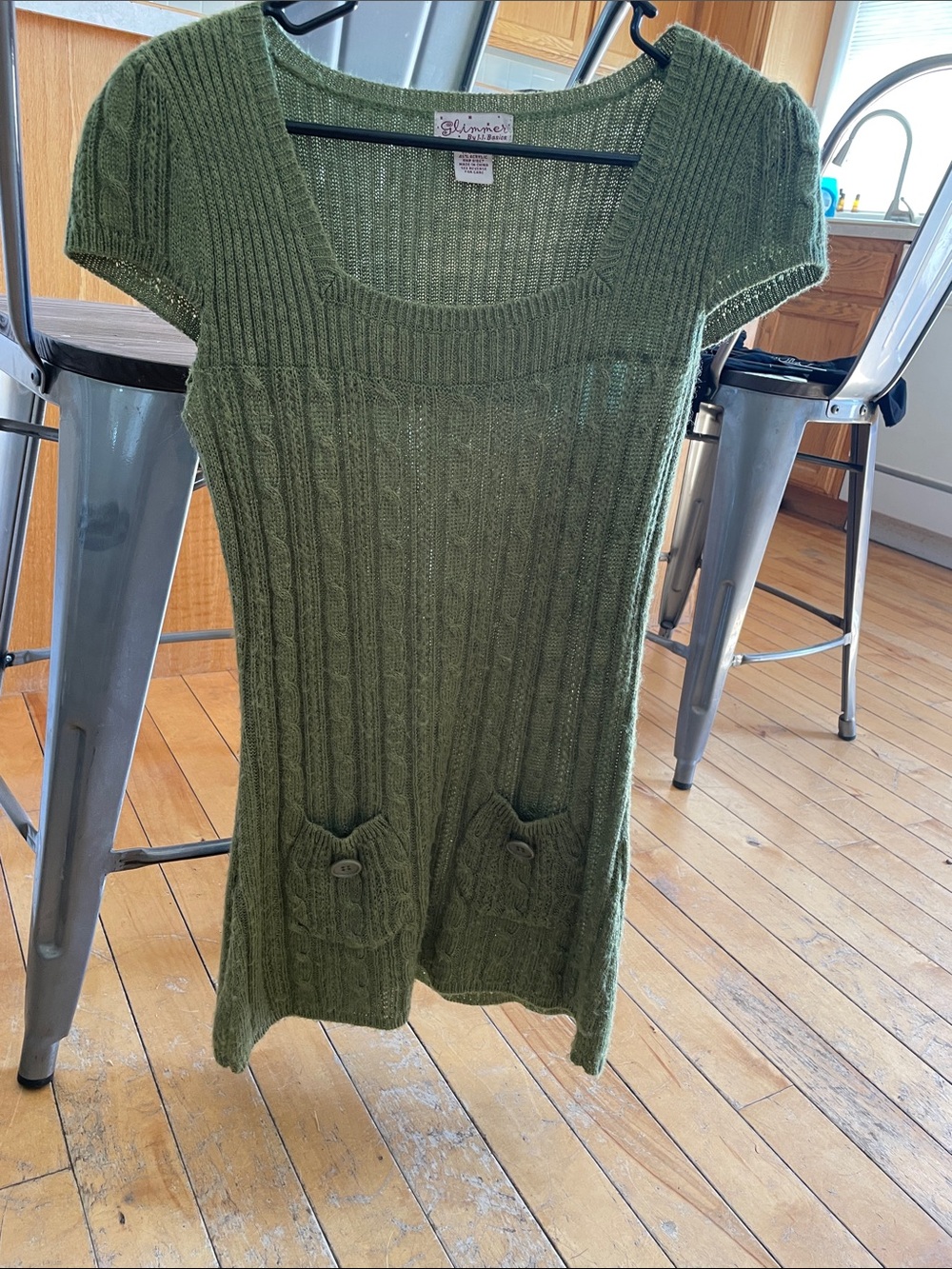 Bibico Olive Green Ribbed Scoop Neck Short-Sleeve Sweater Dress